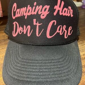 Black and Pink Trucker Baseball Hat with Statement Camping Hair Don’t Care Adju